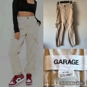 Garage Brianna Bubble Pant Cargos beige khaki high-waist relaxed fit small 26”W